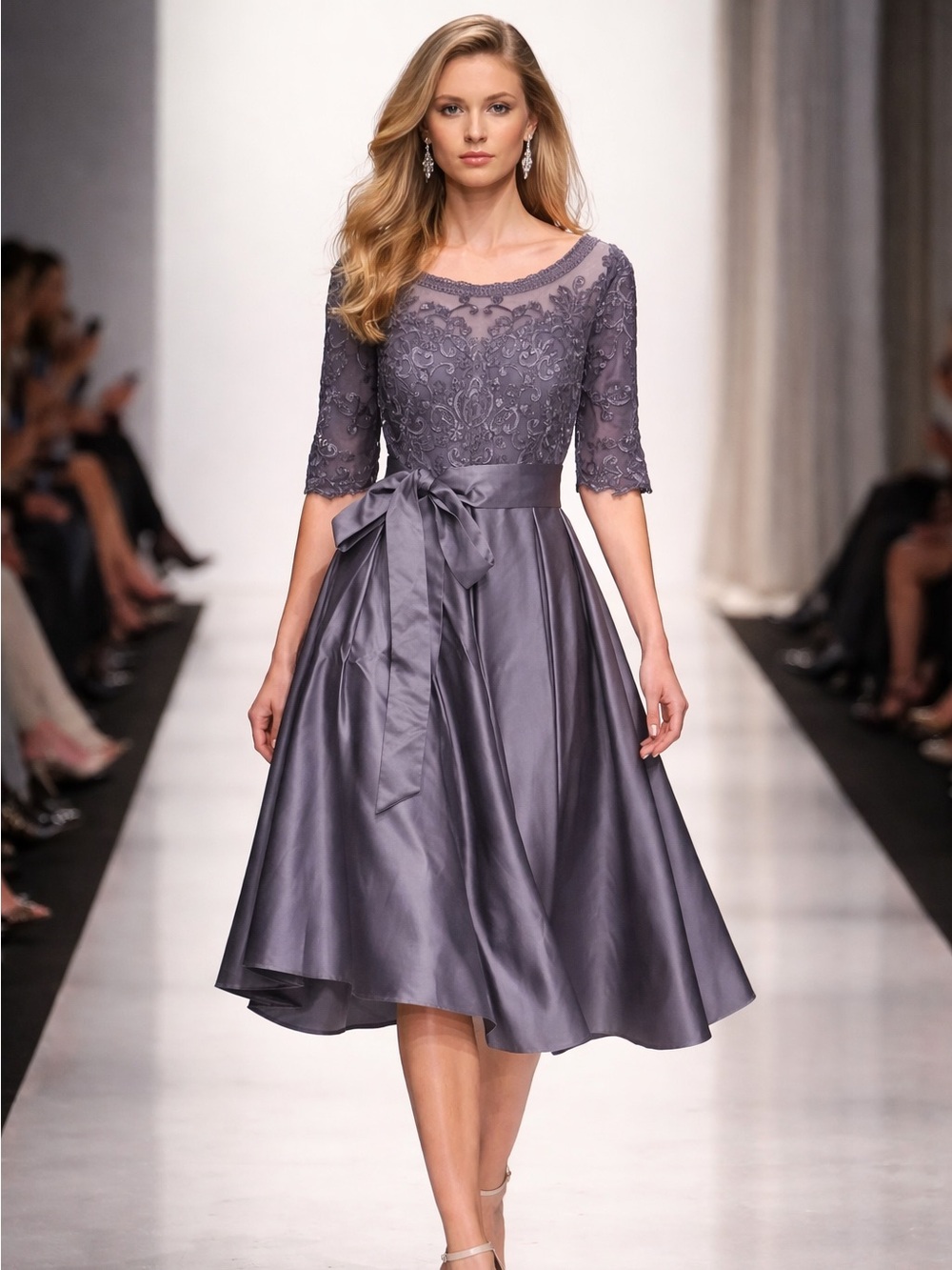 JJs House Silver Metallic Lavender Lace & Satin Midi Dress